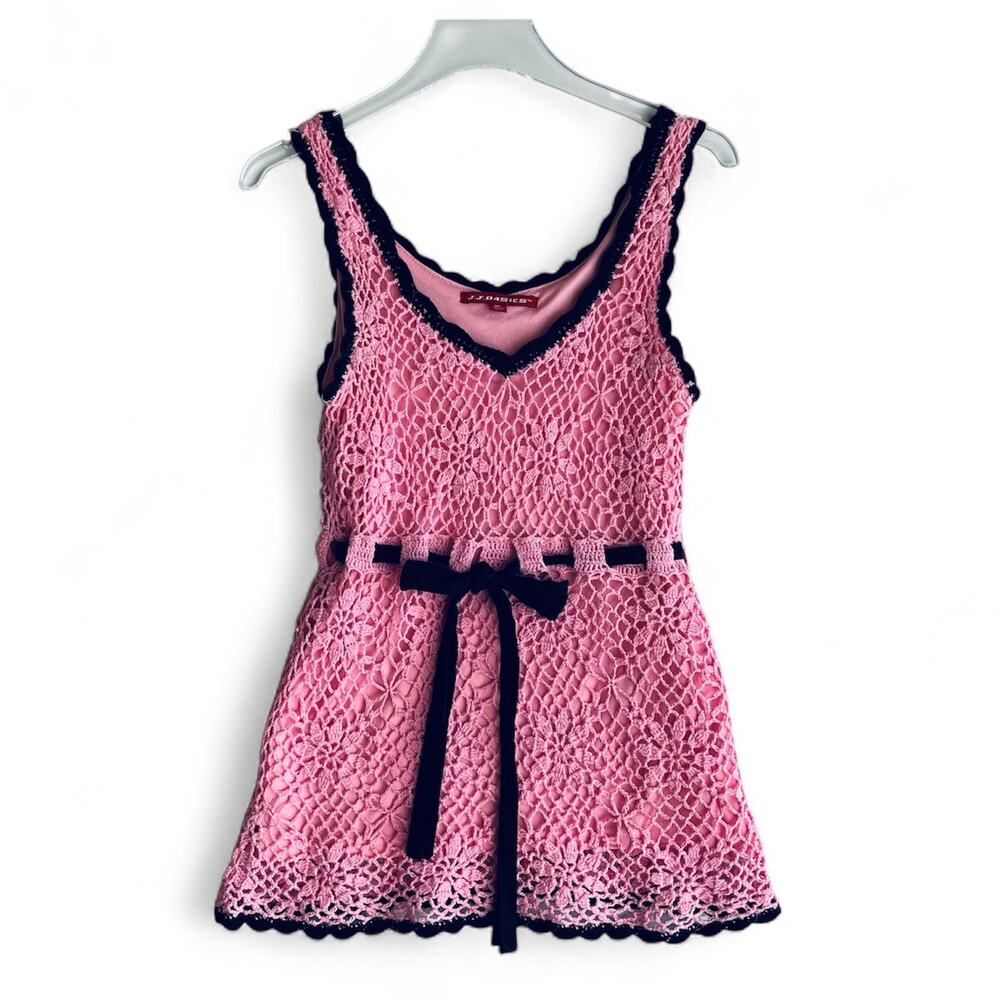 JJ Basics Crochet Babydoll Top Pink Black Y2K Coquette Barbie Soft Dainty M - Picture 1 of 8